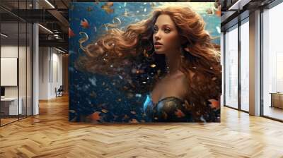 Beautiful girl with long hair and flying leaves in the water, AI Generated Wall mural