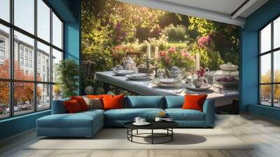 Beautiful table setting in the summer garden. Vintage style toned picture, A beautifully decorated dining table in a garden, AI Generated Wall mural