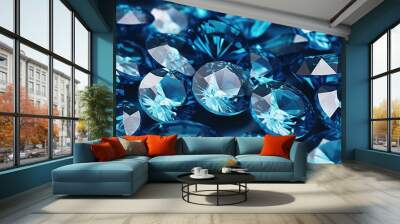 Blue diamonds on a dark background. 3d rendering, 3d illustration, the guy is flying on a snowmobile on a background of blue sky, AI Generated Wall mural