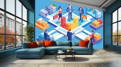 Business professionals engage in a merger discussion, utilizing a customizable workspace with charts, documents, and modern office tools for collaboration Wall mural