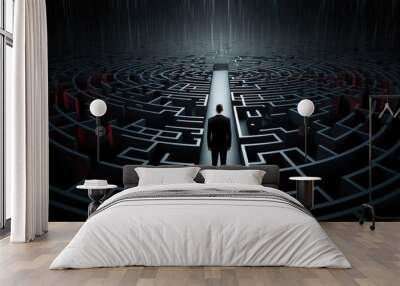 Businessman standing in the middle of a maze, 3D rendering, Businessman standing in front of a large maze on a Black background, AI Generated Wall mural