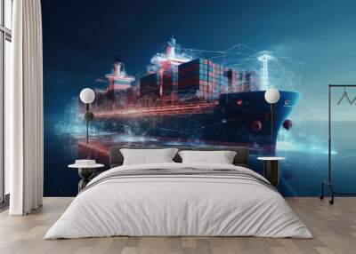 Cargo ship with containers on dark blue background. 3D rendering, Incorporating new tech for ship transport and cargo regulation, AI Generated Wall mural