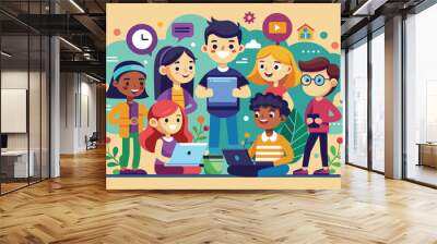 Cartoon illustration of diverse children interacting with technology, Social interaction Customizable Cartoon Illustration Wall mural