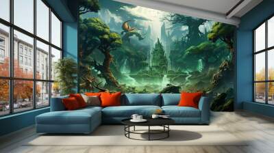 cartoon scene with fantasy castle and dragon - illustration for the children, AI Generated Wall mural