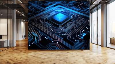 Circuit board background. 3d rendering, 3d illustration, Abstract computer circuit board and IC chip lines are illuminated with neon lights in suitable for wallpaper background, AI Generated Wall mural