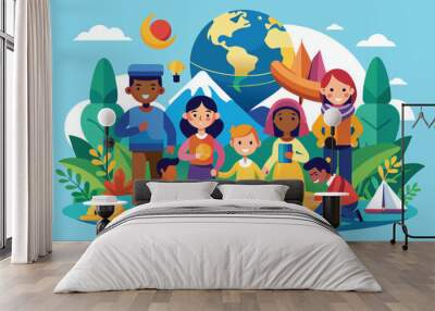 Colorful illustration of children from different backgrounds standing together in front of the Earth, World refugee day Customizable Flat Illustration Wall mural