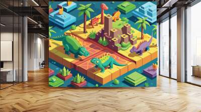 Computer-generated illustration of a dinosaur island with various prehistoric creatures in a lush, detailed environment, Dinosaurs Customizable Isometric Illustration Wall mural