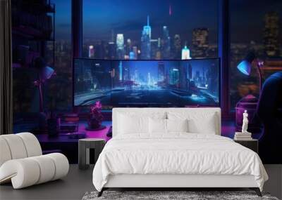 Computer screen with night view of New York city. 3D rendering, A cyberpunk gamer workspace with a computer and a mouse is presented in 3D rendering, AI Generated Wall mural