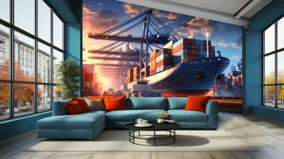 Container Cargo freight ship with working crane bridge at sunset for Logistic Import Export background, A container cargo freight ship with a working crane bridge forms an import, AI Generated Wall mural