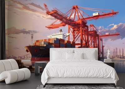 Container Cargo freight ship with working crane bridge in shipyard for Logistic Import Export background, A container cargo freight ship with a working crane bridge forms an import, AI Generated Wall mural