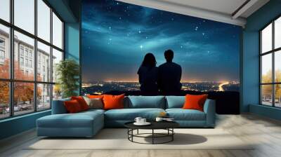 Couple sitting on the top of a mountain watching the night city, rear view silhouettes of a couple sitting on the top of the hill looking and pointing out at shooting star, AI Generated Wall mural