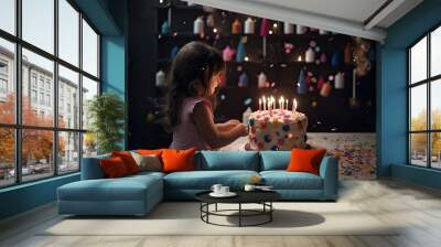 Cute little girl blowing out candles on a birthday cake in a dark room, A little girl blowing out a candle on a birthday cake, AI Generated Wall mural