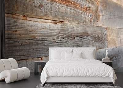 Detailed close up of textured reclaimed barn wood wall with natural grain and aged appearance, Reclaimed barn wood with a rustic and textured surface Wall mural