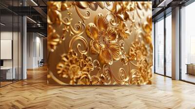 Detailed view of gold wallpaper featuring intricate floral patterns, Intricate gold pattern resembling fine lacework Wall mural