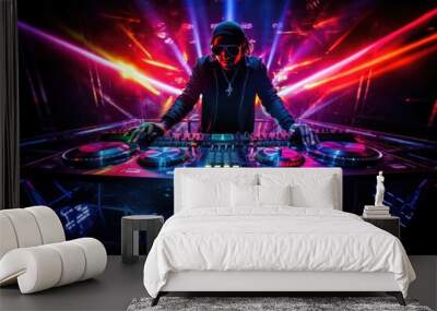 DJ playing music on dj mixer in nightclub with colorful lights and smoke, DJ mixing tracks on a booth in a nightclub with colorful lasers show, AI Generated Wall mural