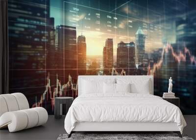 Double exposure of business chart and cityscape background. Investment and trading concept. Trading market and economic concept, AI Generated Wall mural