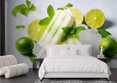 Enjoy the cool and tangy taste of limeade popsicles served on ice with a hint of fresh mints, Lime ice cream popsicles presented with lime slices and mint on a white stone background, AI Generated Wall mural