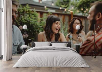 Family members gathered at a backyard barbecue, laughing while sitting around a table, A backyard barbecue with family members laughing and enjoying each other's company Wall mural