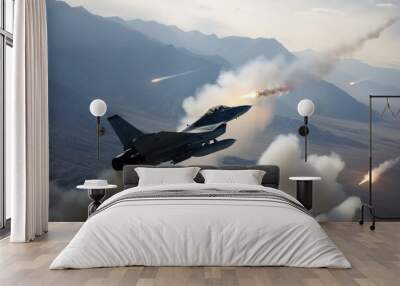 fighter jet flying in the sky over the mountains. Fighter jet shooting on another fighter jet, AI Generated Wall mural