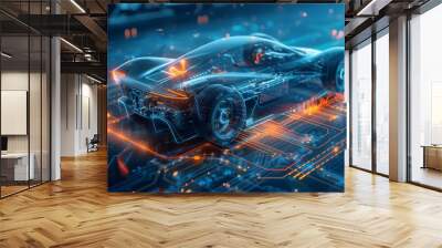 Futuristic Car Racing on Circuit Board, Illustrating the powerful performance capabilities of an electric sport car, with a focus on its advanced battery system Wall mural