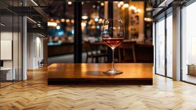 glass of wine in bar, A glass of wine is placed on the counter inside the bar, AI Generated Wall mural