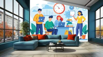 Group of people standing around a table, focused on their laptops, engaged in teamwork and collaboration, Business team managing working time, Simple and minimalist flat Vector Illustration Wall mural