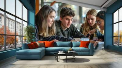 Group of Young People Sitting Around a Table, The collaborative spirit of students working together in a group project, brainstorming ideas and creating presentations Wall mural