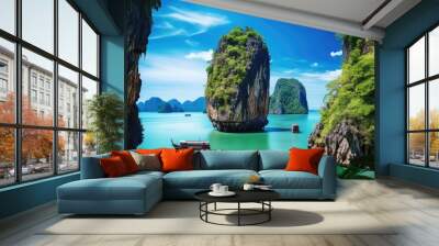 Halong Bay, Vietnam. The island is a tourist attraction. Amazed nature scenic landscape James bond island with a boat for traveler Phang Nga Bay, AI Generated Wall mural