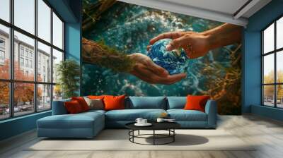 Hands holding small earth in front of water, The creation of a shared future together Wall mural