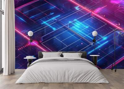 High-tech pink and blue abstract background with intersecting lines creating a dynamic visual effect, A futuristic digital illustration of a high-tech pickleball court with holographic elements Wall mural