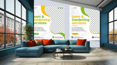 Lawn and gardening service social media post vector. Garden care and lawn mower work promotion template design. Mowing and landscaping advertisement poster design with green and yellow color. Wall mural