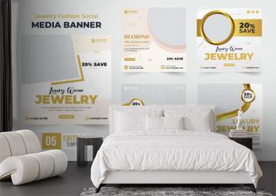 Luxury jewelry business advertisement template set with abstract shapes. Ornament sale social media post collection for digital marketing. Special jewelry promotional poster bundle with golden color. Wall mural