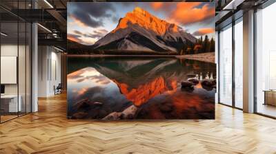 Mountain lake at sunset, Banff National Park, Alberta, Canada, Sunrise reflection of a orange mountain at Lake Minnewanka in Banff National Park, Canada, AI Generated Wall mural