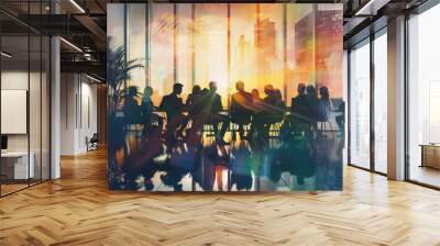 Multicultural team sitting around a table, engaged in a meeting or discussion, A digital representation of a diverse group of coworkers collaborating in a corporate setting Wall mural