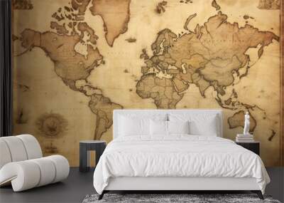 old map of the world on a wooden background with grunge textures, Old Antique World Map on Mercators Projection, AI Generated Wall mural