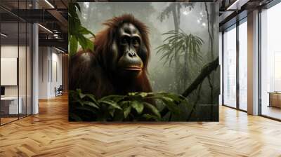 Orangutan in the rainforest of Borneo, Malaysia, An orangutan Pongo pygmaeus is observed in the rainforest of Sumatra, Indonesia, AI Generated Wall mural