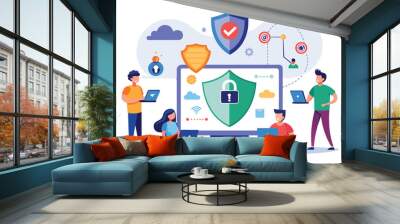 People Examining Computer Screen With Padlock, People using vpn technology system to protect concept, Simple and minimalist flat Vector Illustration Wall mural