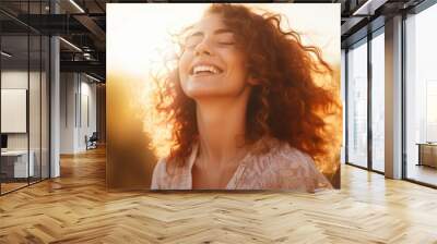 Portrait of a beautiful young woman with long curly hair in a sunset light, Backlit Portrait of calm happy smiling free woman with closed eyes enjoys a beautiful moment, AI Generated Wall mural