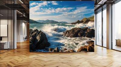 Seascape with waves crashing against the rocks on a sunny day, A Rocky Beach landscape view with rough sea waves and beautiful sky, AI Generated Wall mural