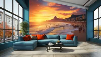 Sunset at Copacabana beach, Rio de Janeiro, Brazil, Ipanema beach in Rio de Janeiro on a gorgeous sunset, AI Generated Wall mural