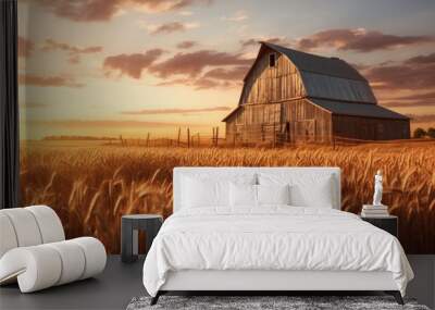 Sunset over an old barn in a wheat field in the countryside, An old rustic barn in wheat field under setting sun, AI Generated Wall mural