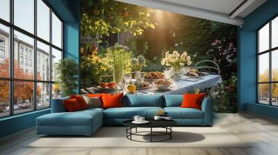 Table setting with croissants and fruits in the garden at sunset, A beautifully decorated dining table in a garden, AI Generated Wall mural