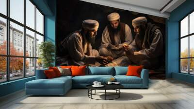 Three wise men reading the holy bible in the room of the mosque, A group of Muslims reading Quranic verses together with warm, AI Generated Wall mural