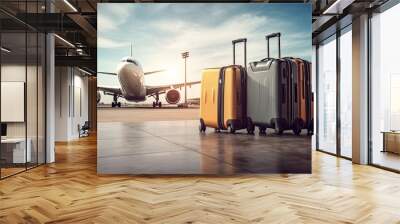 Travel luggage and airplane on the airport runway. Travel and vacation concept, Suitcases in the airport. Travel concept, plane flying on the background, AI Generated Wall mural