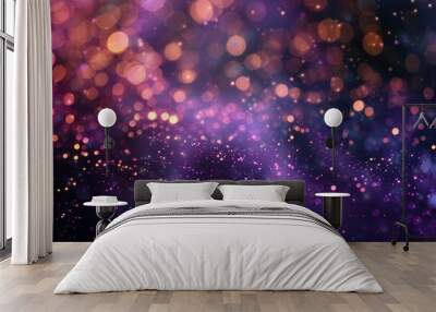 Twinkling purple stars on a gold bokeh background, Dotted with small, twinkling purple stars Wall mural