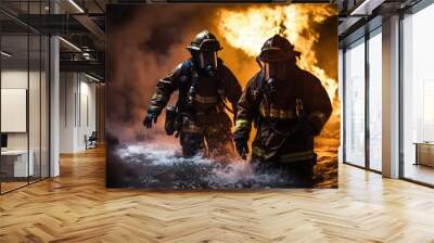 Two brave firefighters wade through water, facing a raging fire with unwavering determination, Firefighter Rescue Training In Fire Fighting, AI Generated Wall mural