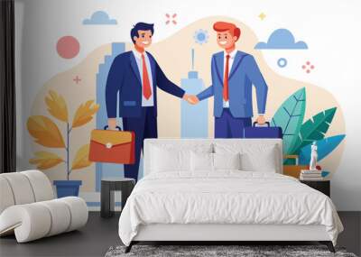 Two business partners are shaking hands while holding luggage in a vibrant city outdoor setting, celebrating a successful agreement Wall mural