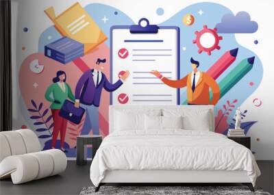 Two business professionals are discussing a contract while surrounded by colorful graphics representing productivity and collaboration Wall mural