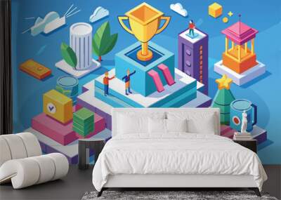 Two figures celebrate atop a pedestal crowned with a trophy amidst vibrant symbols of success and achievement in a whimsical landscape Wall mural