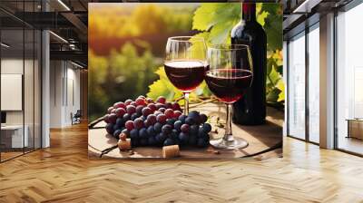 Two glasses of red wine and grapes on wooden table in vineyard, Two glasses of red wine and a bottle in the vineyard with grapes, AI Generated Wall mural